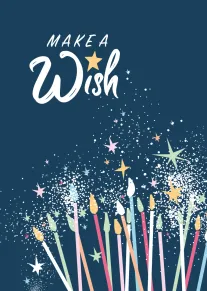 Make a wish birthday card with colorful candles, stars, and sparkly confetti on navy background.