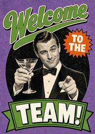 Retro style welcome card with glass and pointing man