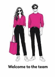 Stylish man and woman in pink black clothes welcome team greeting