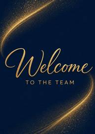 Elegant navy welcome card with golden glitter accents