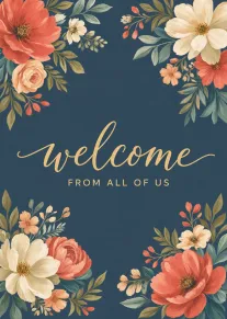 Navy floral welcome card with coral and cream blossoms and gold script text.