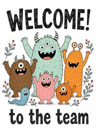 Happy colorful monsters welcome new team member with joy