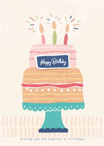 Pastel birthday cake with three candles and Happy Birthday sign on a cream background card.