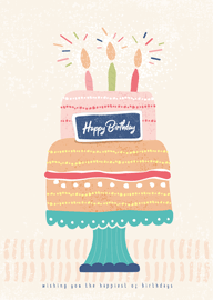 Colorful two tier birthday cake with candles and happy birthday text