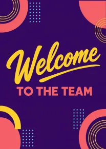 Bold purple card with yellow Welcome to the Team text and abstract coral geometric accents.