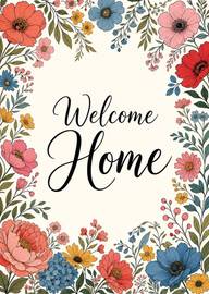 Hand-drawn floral border with welcome home message elegant script