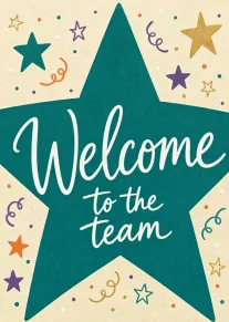 Teal star card with welcome to the team text and colorful confetti doodles all around.