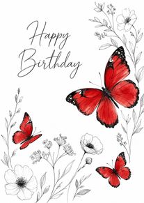 Red Butterflies and Floral Happy Birthday Card in Elegant Black