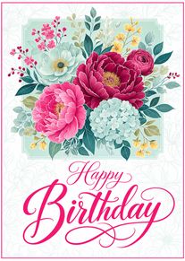 Pink and aqua floral birthday card with Happy Birthday lettering and lush peonies and hydrangeas.