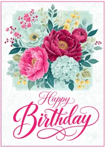 Pink and aqua floral birthday card with Happy Birthday lettering and lush peonies and hydrangeas.