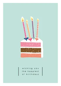 Layered birthday cake with four lit candles and wishing you the happiest of birthdays text.