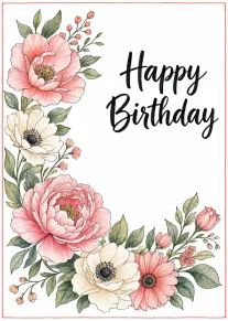 Pink and cream watercolor flowers frame a Happy Birthday message on a clean white card.