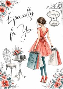 Watercolor woman in coral dress carrying boutique shopping bags beside floral accents.