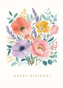 Soft watercolor bouquet of colorful flowers with Happy Birthday text on an ivory background below.