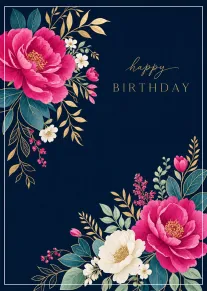 Pink and white flowers frame happy birthday text on a navy card with gold accents.