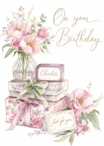 Watercolor pink flowers and gifts with text reading On your Birthday and Just for you.