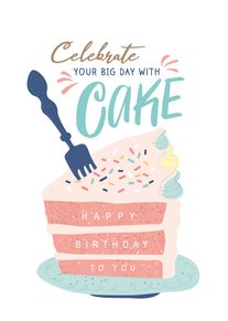 Pastel birthday cake slice with candle, sprinkles, and Happy Birthday to You text on top.
