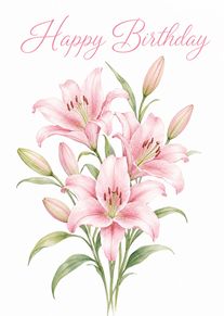 Watercolor pink lilies with buds and green leaves beneath Happy Birthday text on white background.