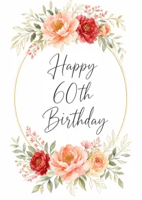 Watercolor floral wreath card reading Happy 60th Birthday in elegant script on white background design.