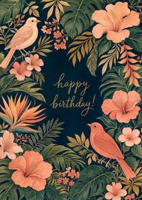 Tropical birds and hibiscus flowers frame happy birthday text on a deep navy background card.