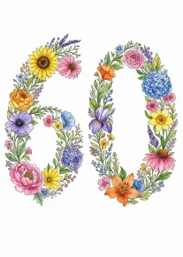 Watercolour flowers form the number 60 in bright pink, yellow, blue, and orange blooms card.