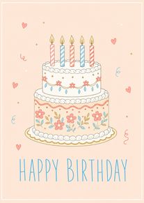 Pastel birthday cake with five candles and Happy Birthday text surrounded by hearts and confetti.