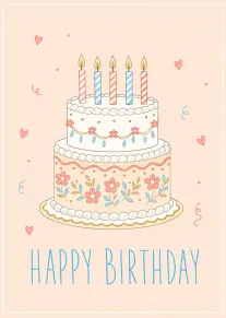Pastel birthday cake with five candles and Happy Birthday text surrounded by hearts and confetti.