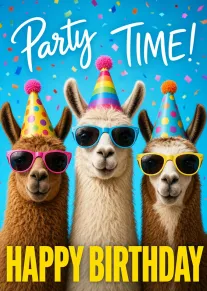 Three llamas in party hats and sunglasses celebrate with bright confetti and Happy Birthday text.