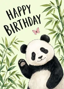 Watercolor panda waves beside bamboo leaves and a pink butterfly beneath Happy Birthday text card.