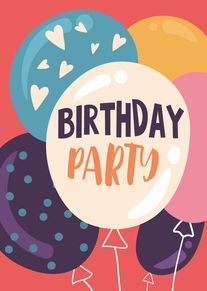 Colourful balloons and party hats surround bold birthday party text on a bright coral background.