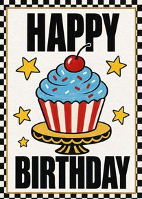 Bold Happy Birthday card with blue cupcake, cherry, stars, and black checkered border retro style.