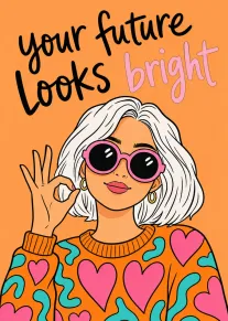 Stylish woman with bright future message in retro orange