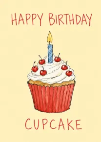 Hand-drawn cupcake with candle and cherries beneath Happy Birthday text on a cream background card.