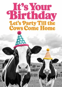Two cows in party hats beneath birthday text on a playful black-and-white farm scene card.