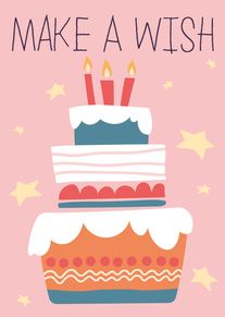 Pink birthday card with stacked cake, candles, stars, and Make a Wish text above design.