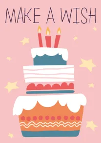 Pink birthday card with stacked cake, candles, stars, and Make a Wish text above design.