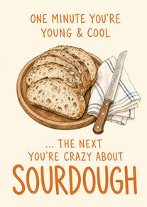 Watercolour sliced sourdough loaf on wooden board with knife and orange text about loving bread.