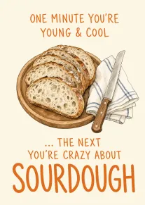 Watercolour sliced sourdough loaf on wooden board with knife and orange text about loving bread.