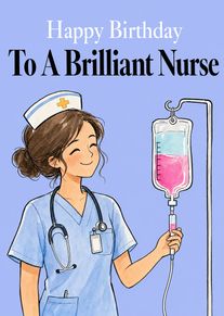 Smiling nurse in blue scrubs beside an IV drip with birthday message for brilliant nurse.