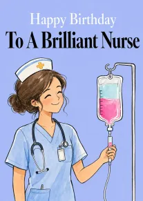 Smiling nurse in blue scrubs beside an IV drip with birthday message for brilliant nurse.