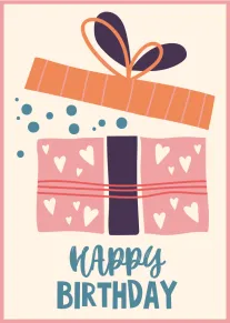 Illustrated wrapped present with hearts, confetti dots, and happy birthday text in blue lettering below.