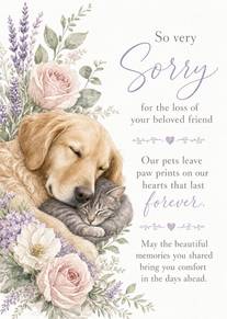 Watercolour dog and cat pet loss sympathy card with flowers
