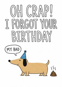 Funny dog birthday apology card with party hat and poop