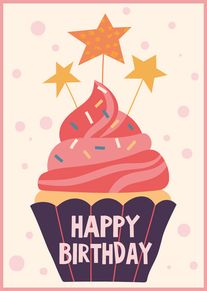 Pink cupcake with stars and Happy Birthday text on a cream background with confetti dots.