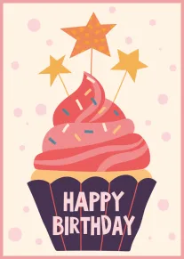 Pink cupcake with stars and Happy Birthday text on a cream background with confetti dots.