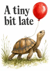 Watercolour tortoise pulling a red balloon beneath the words A tiny bit late on white.
