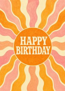 Retro orange and pink sunburst card with Happy Birthday text in the centre.