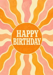 Retro orange and pink sunburst card with Happy Birthday text in the centre.