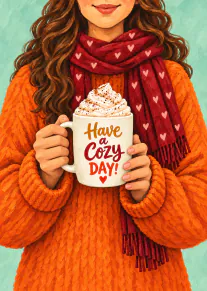 Painted illustration of a woman in an orange jumper holding a whipped cream-topped mug reading “Have a Cozy Day!”.