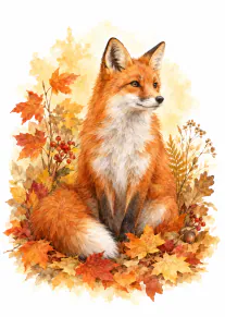 A watercolour illustration of a seated red fox surrounded by autumn leaves, berries and acorns.